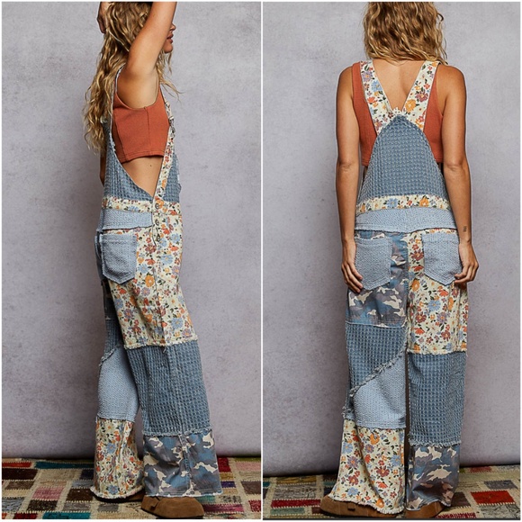 POL Women's Blue Floral Patchwork Jeans Overalls - Picture 3 of 3